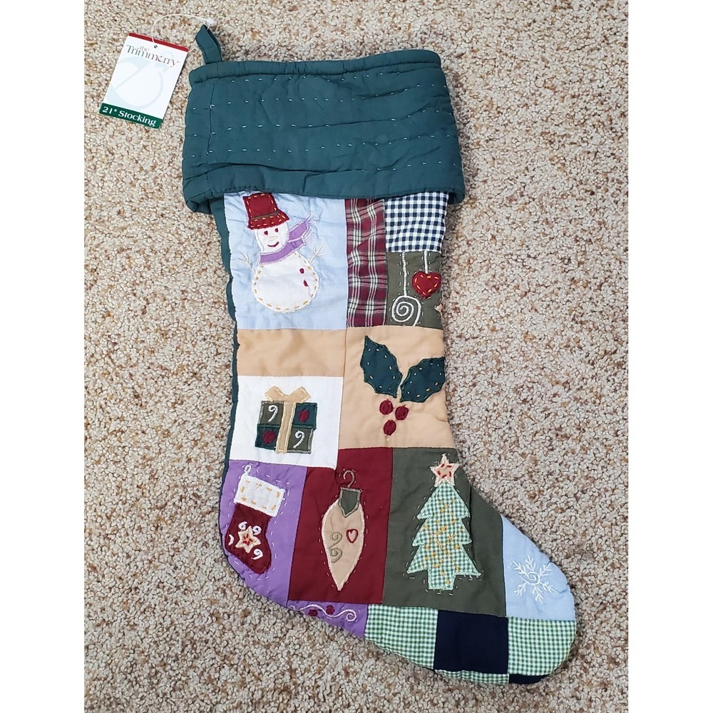 Vintage Quilted Christmas Stocking The Trimmery 21" Snowman Tree Holly NWT